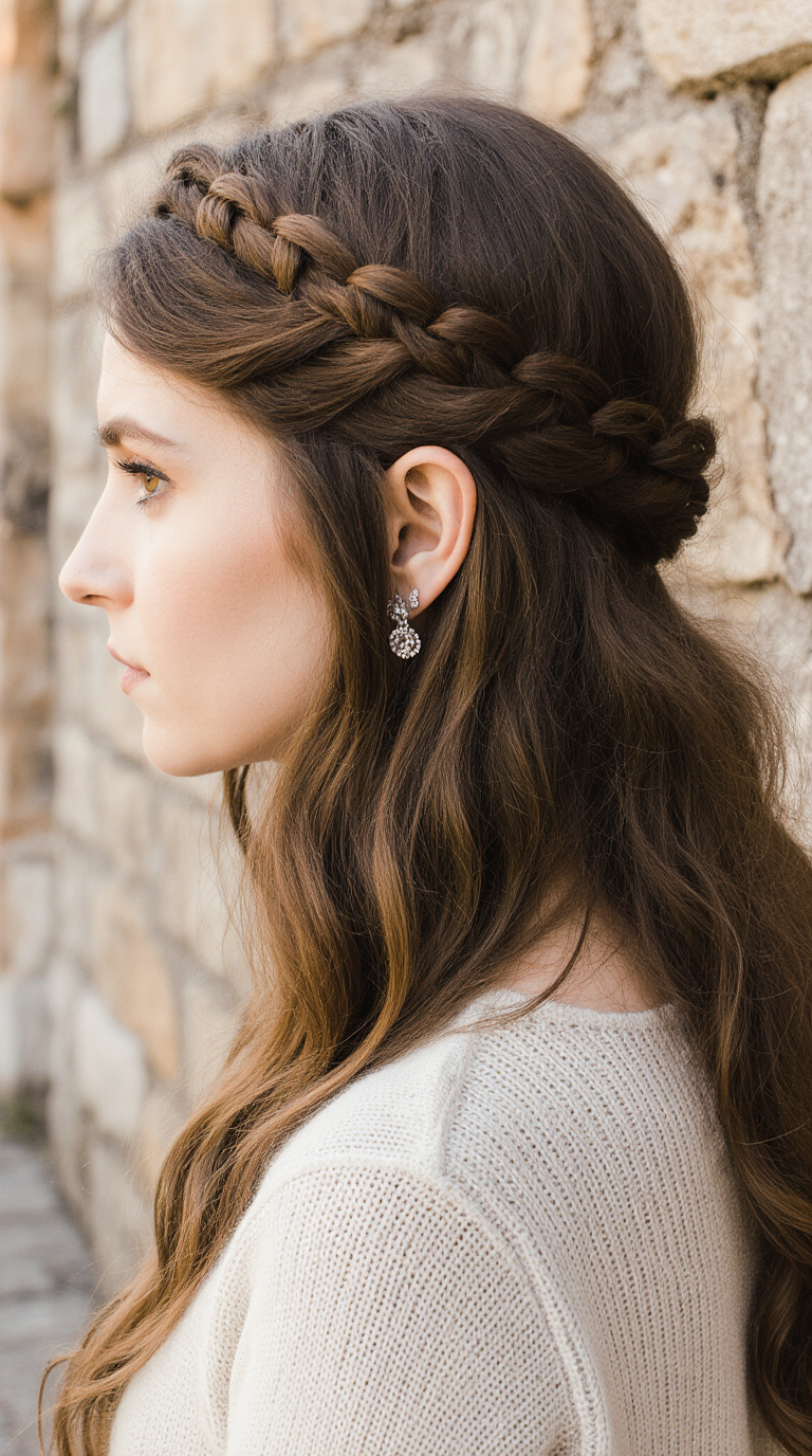 10 Elegant and Stylish Braid Hairstyles! 9 Dutch Headband Braids on Long Brown Wavy Hair