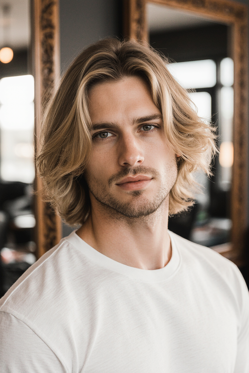 15 Stylish Men Hair With Highlights 11 Golden Blonde Surfer Waves with Soft Layers