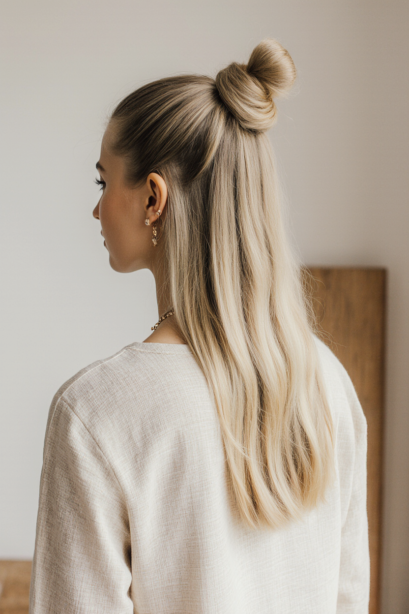 10 Best Haircuts and Styles for Blonde Hair 9 Half Up Top Knot