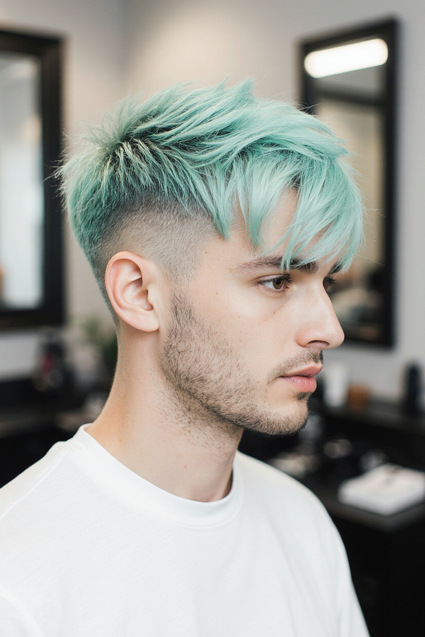 15 Stylish Men Hair With Highlights 9 Mint Green Textured Fringe with High Fade