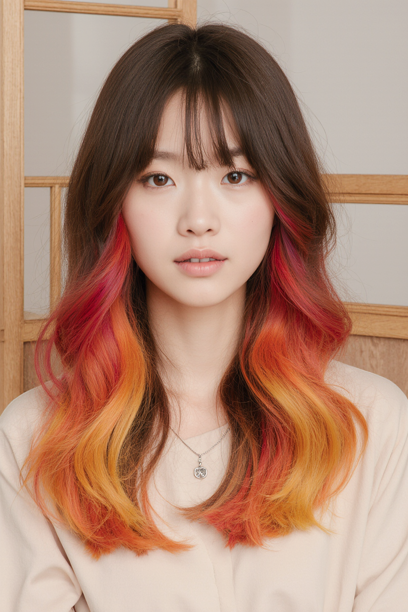 a realistic portrait of a cute young woman with layered hair dyed in a scarlet sunset peekaboo styl n1tdzcbmltotj389ueu3 2